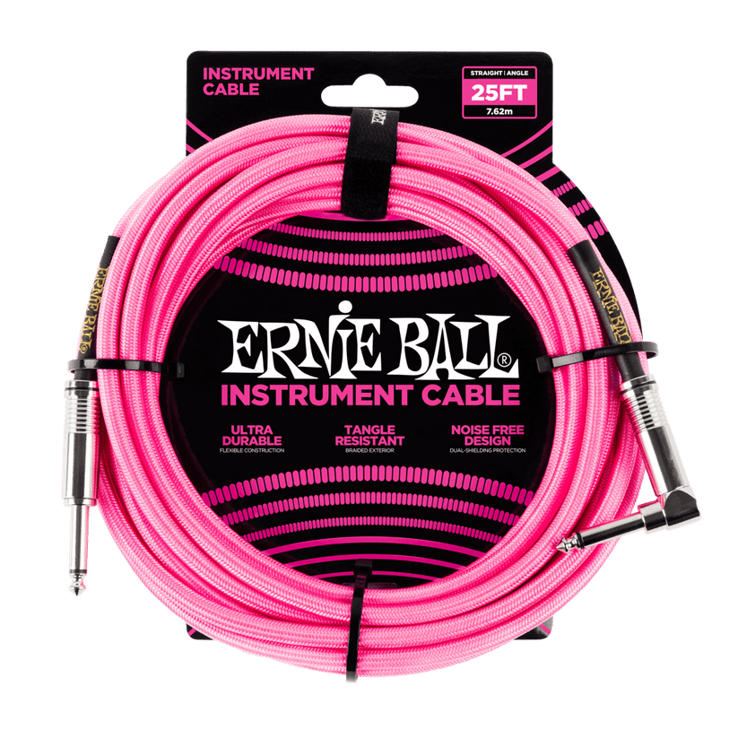 Ernie Ball Braided Straight R to Angle Instrument Cable 25 foot in Neon Pink