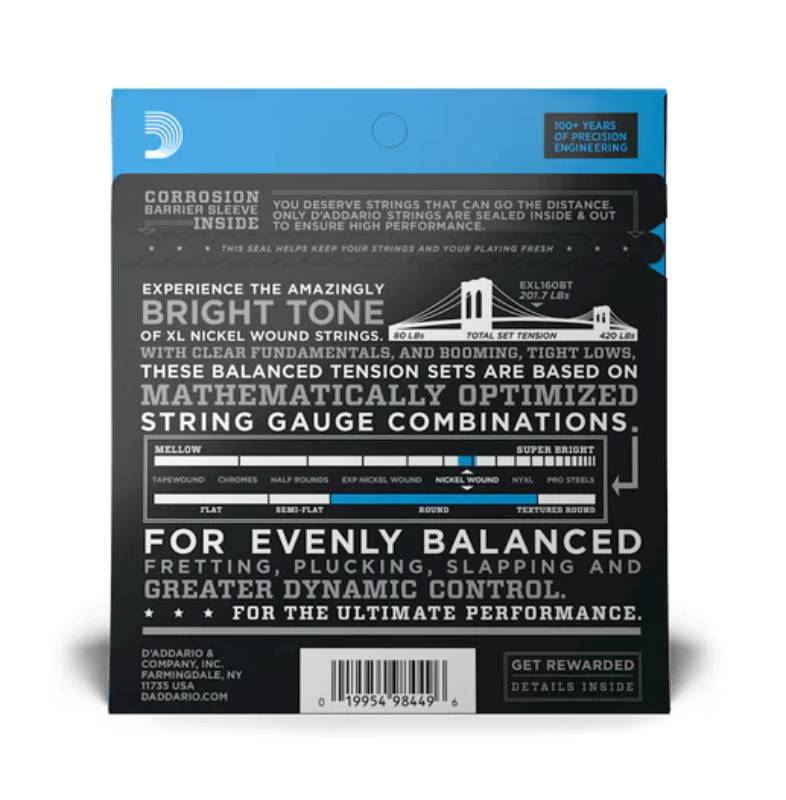 D'Addario Bass Guitar Strings Set Balanced Nickel Wound Long 50/120