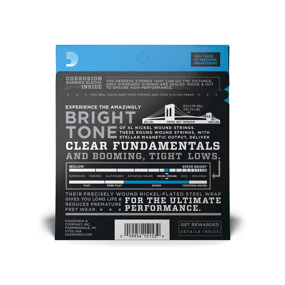 D'Addario EXL170-5SL Regular Light Super Long Scale 5-String Bass Strings 45-130 Gauge