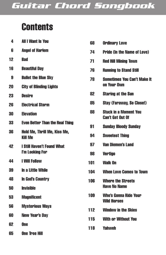 U2 Guitar Chord Songbook