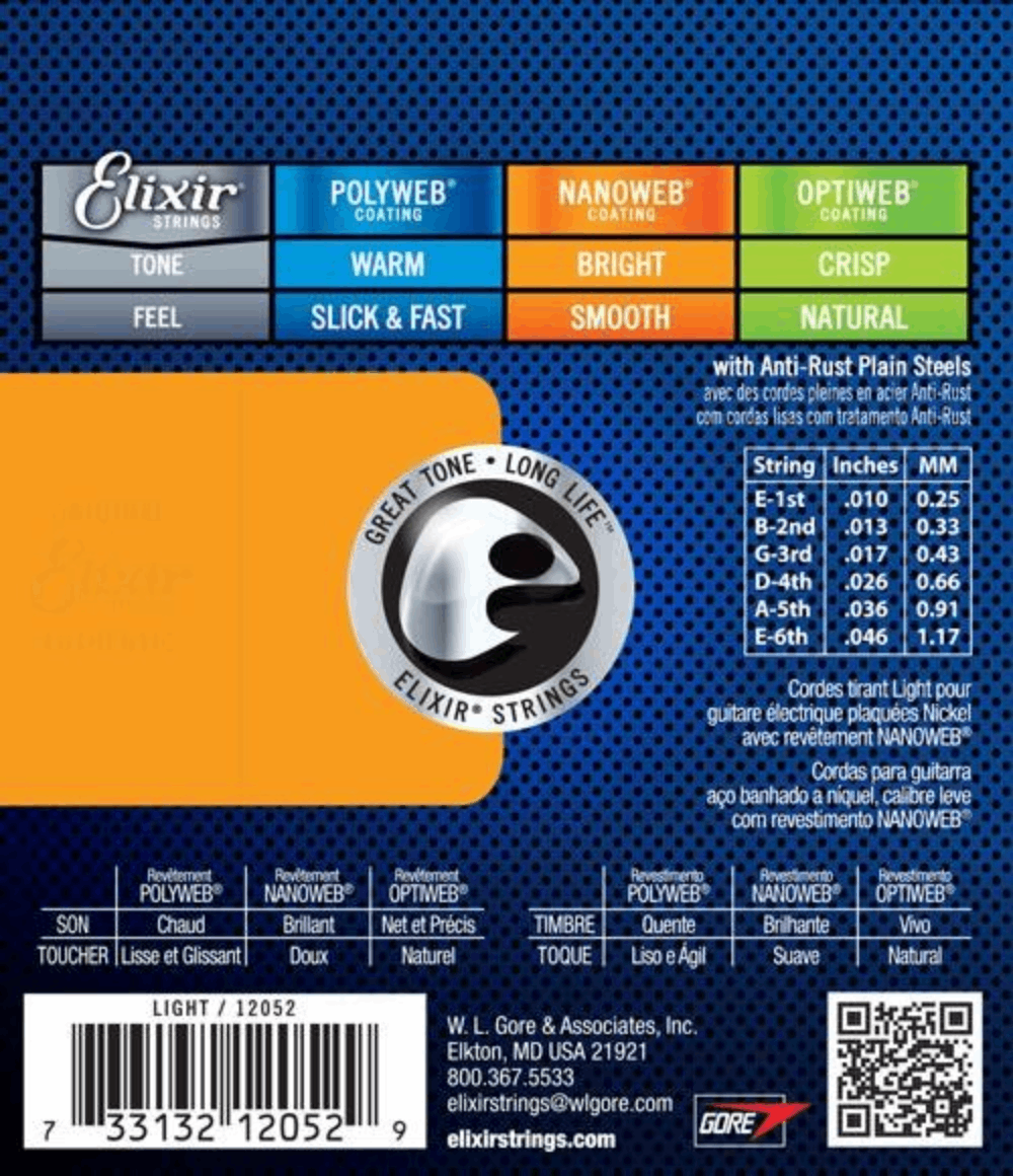 Elixir 12052 Nanoweb Electric Guitar Strings Light 10-46 Gauge