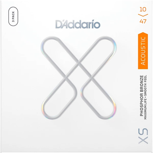 D'Addario XS Phosphor Bronze Extra Light Coated Acoustic Guitar Strings 3 Pack 10-47 Gauge