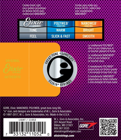 Elixir 11052 Nanoweb 80/20 Acoustic Guitar Strings Light 12-53 Gauge