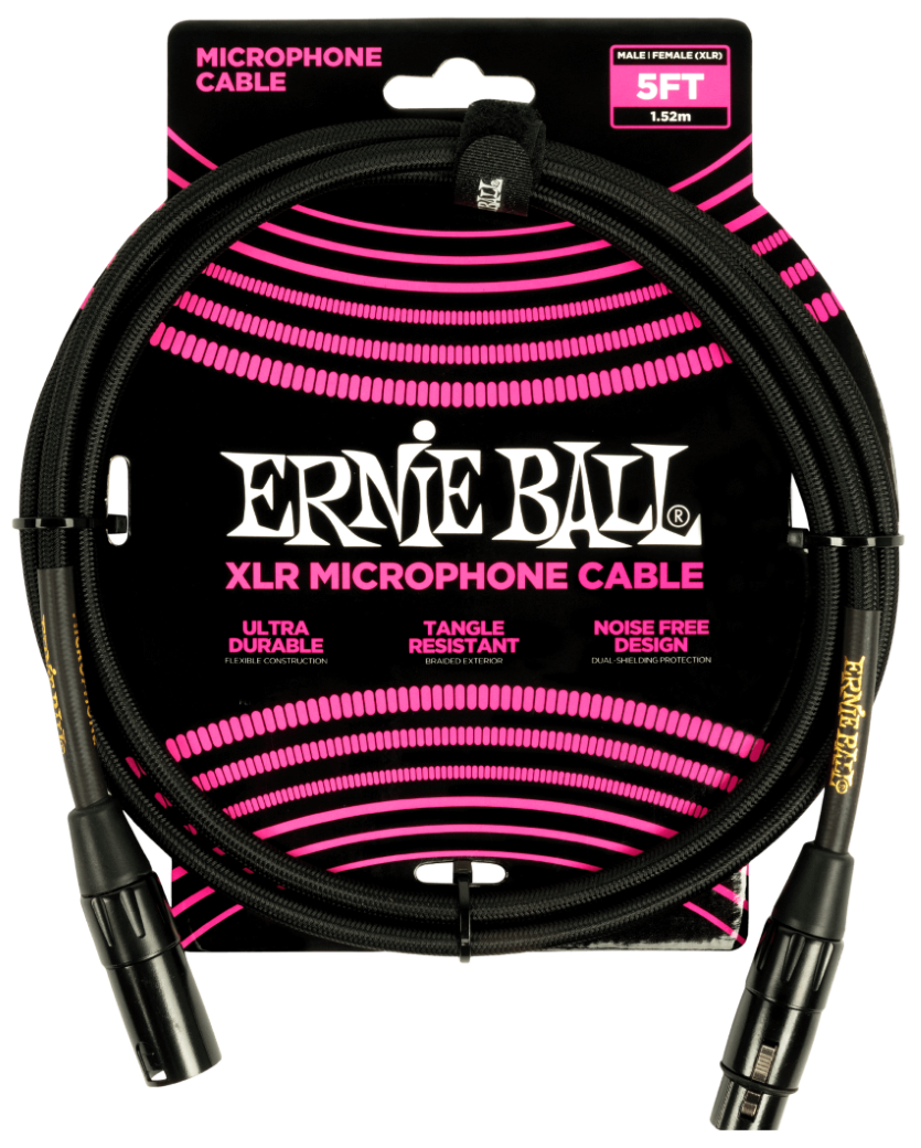 Ernie Ball 5ft Braided Male Female XLR Microphone Cable in Black