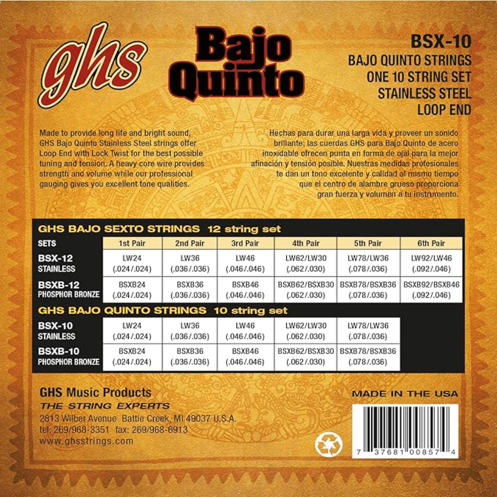 GHS BSX 10 Bajo Quinto Stainless Steel Strings