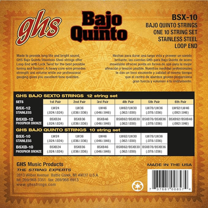 GHS BSX 10 Bajo Quinto Stainless Steel Strings
