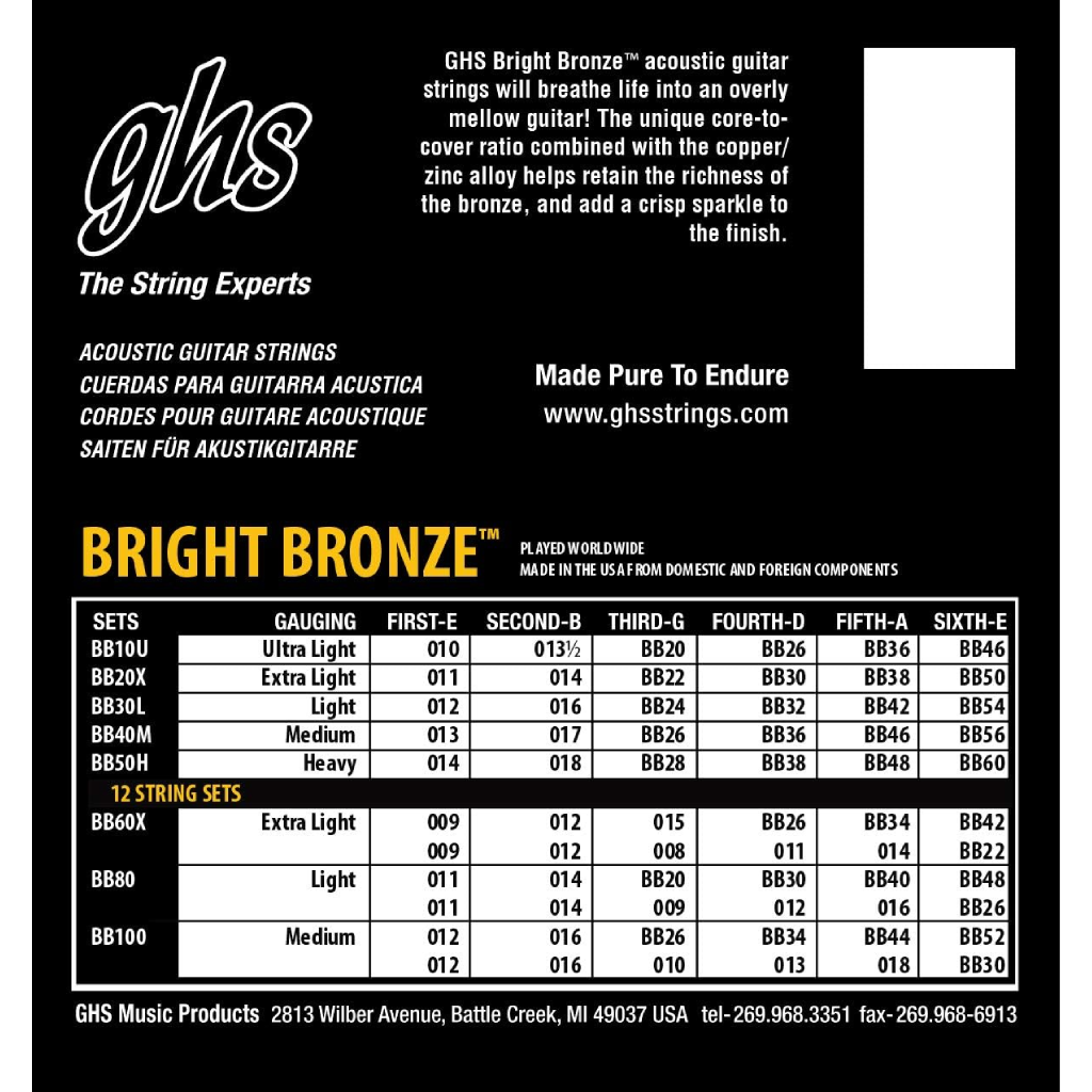 GHS BB20X Bright Bronze Acoustic Guitar String 11-50 Gauge