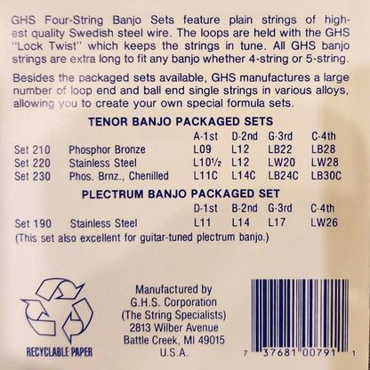 GHS 190 Plectrum Banjo 4 String  11-26 Gauge