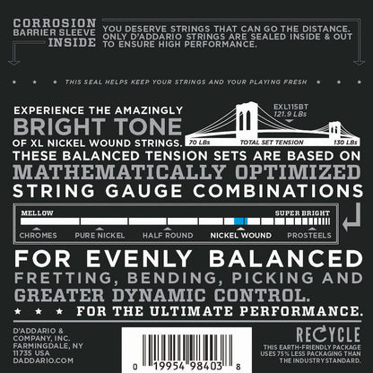 D'Addario EXL115BT Nickel Wound Medium Balanced Tension Electric Guitar Strings 11-50 Gauge