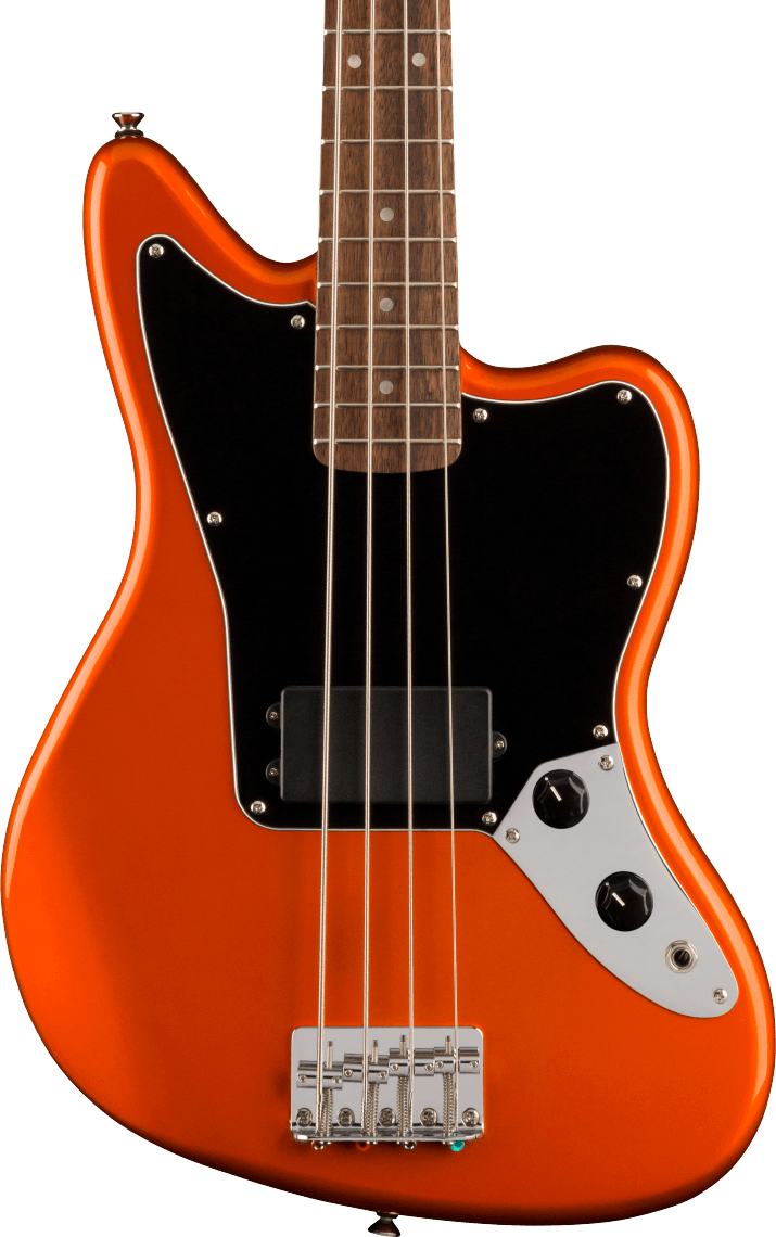 Squier FSR Affinity Series Jaguar Bass H, Laurel Fingerboard, Black Pickguard, Matching Headstock in Metallic Orange