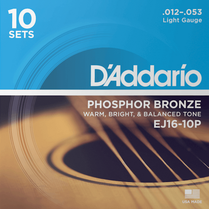 D'Addario EJ16 10P Phosphor Bronze 10 Sets Acoustic Guitar Strings Light 12-53 Gauge