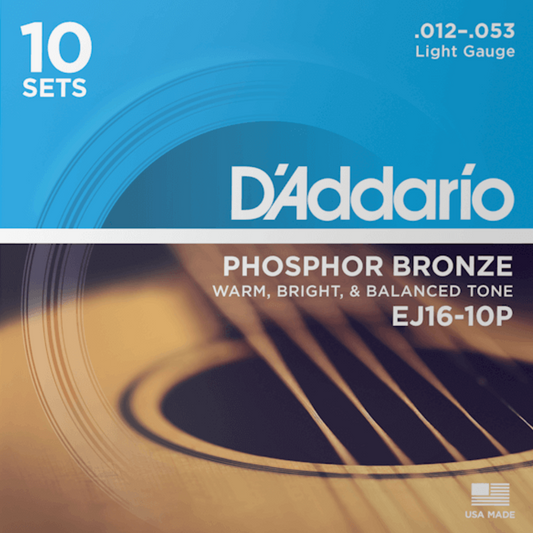 D'Addario EJ16 10P Phosphor Bronze 10 Sets Acoustic Guitar Strings Light 12-53 Gauge