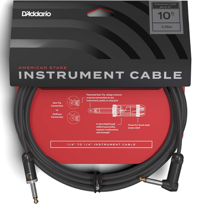 D'Addario Planet Waves 10' American Stage Instrument Straight Right Angle Cable in Black